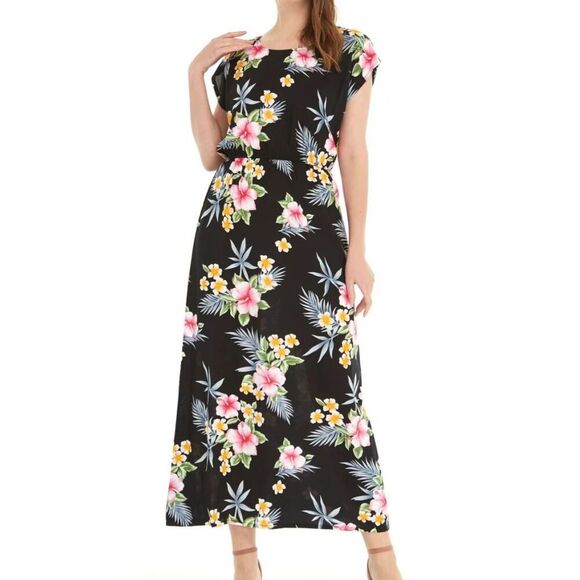 HAWAIIAN HANGOVER Cap Sleeve Maxi Floral Dress Sz 2X Hibiscus Flowers Black NWT - Picture 1 of 13